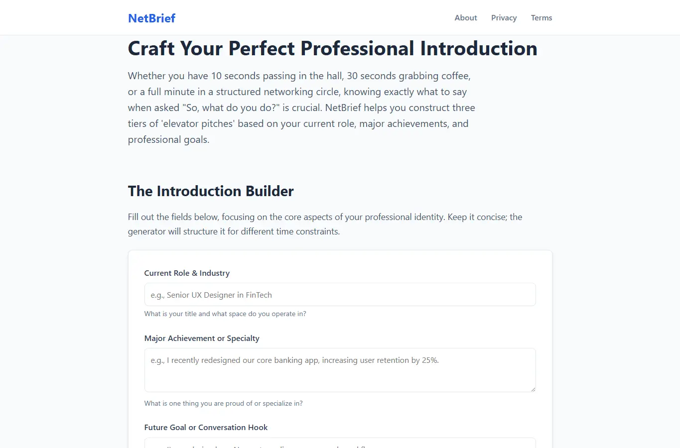 Screenshot of NetBrief: Event Intro Planner interface showing the project page in use